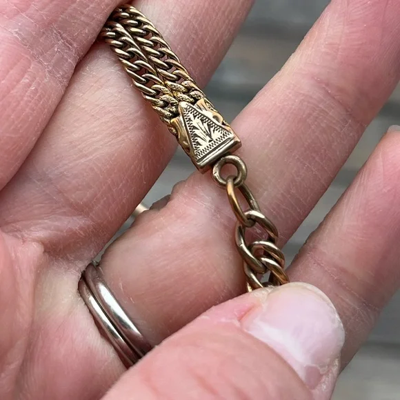 28.46 Gram Gold Filled Albert Chain with Dog Clip, T-Bar and Slide Charm- Flaw - Picture 12 of 17